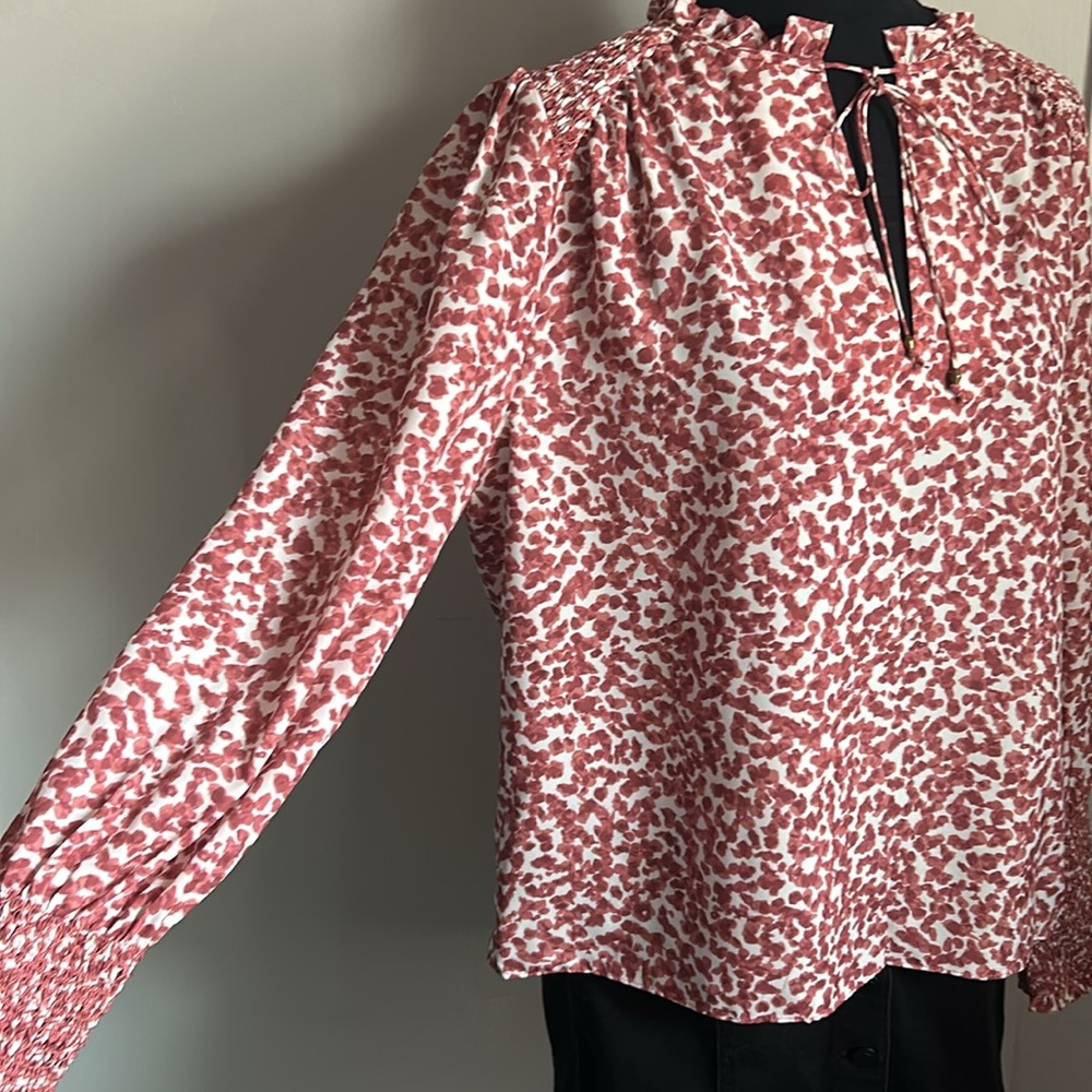 New Marie Oliver From Evereve Kate Smocked Long Sleeve Split Tie Neck Blouse